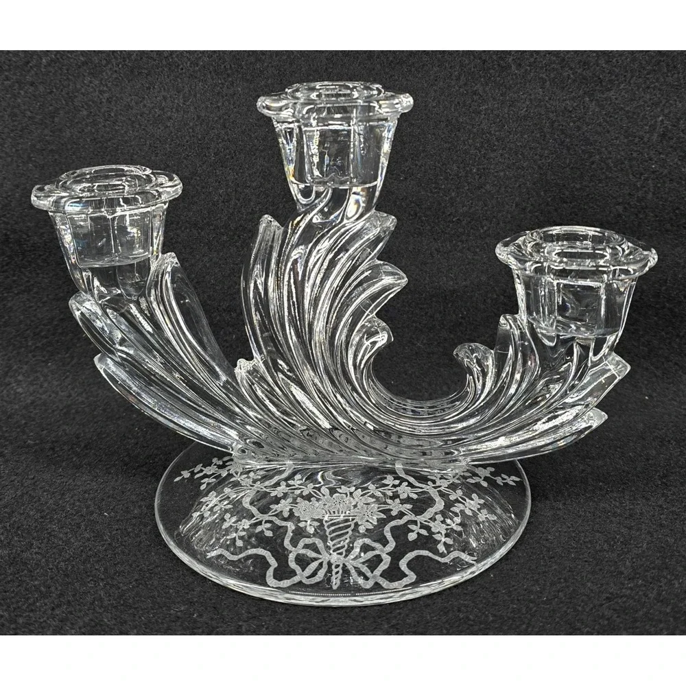Vintage Fostoria Crystal Baroque Candlestick Holder 3‎ Light w/ Arcady Etch 30s